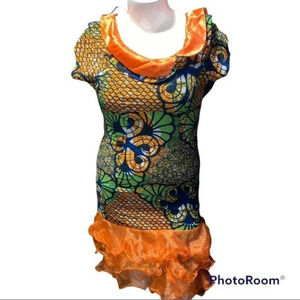 African Ankara satin scoop neck tiered ruffle neck and‎ hem